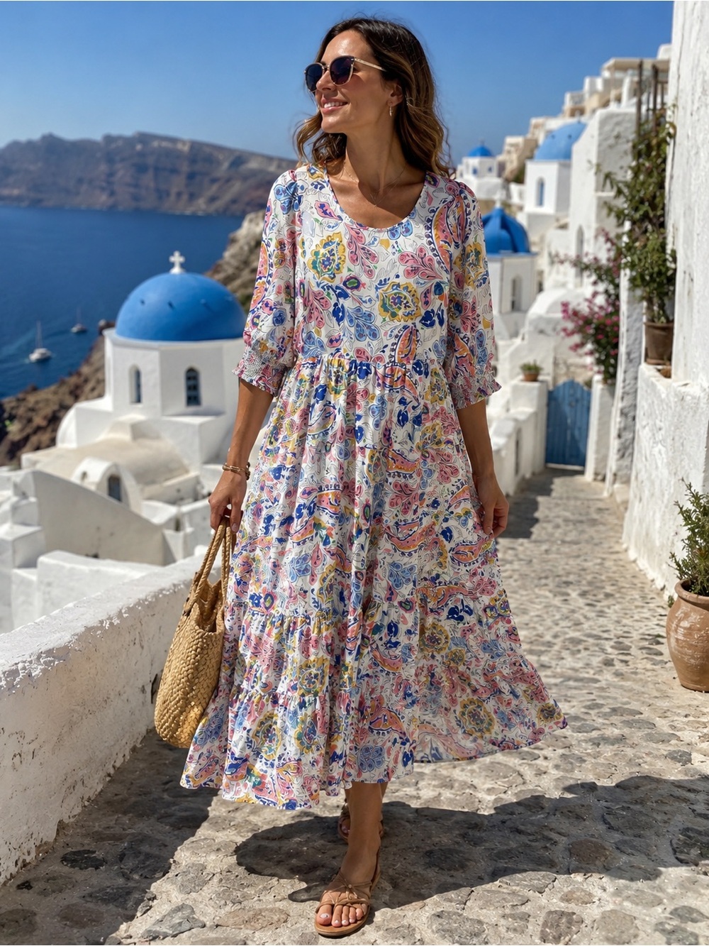 Molly Bracken Tiered Midi Dress Floral Paisley Print Puff Sleeve Resort Chic NWT